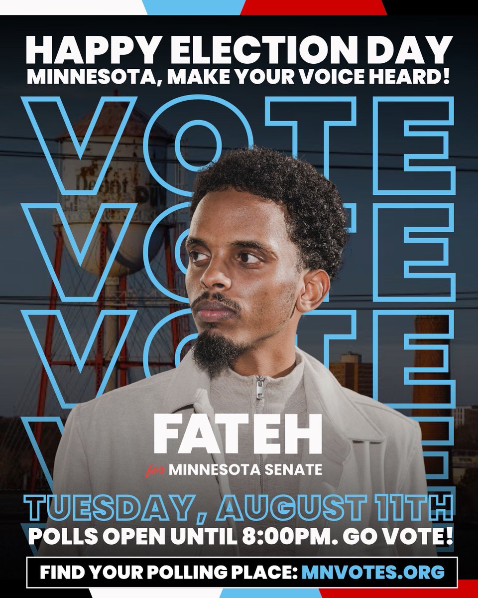 OmarFatehMN's tweet photo. Happy Election Day, Minnesota!

Polls are open 7am - 8pm. Make your voice heard. Get out and go vote!

Team Fateh is supporting progressive leaders running up &amp; down the ballot: @IlhanMN, @PeggyFlanagan, @KeithEllison, @CedrickFrazier

Make your vote plan: https://t.co/9usziUWVyS https://t.co/DMw1V3Ji6U