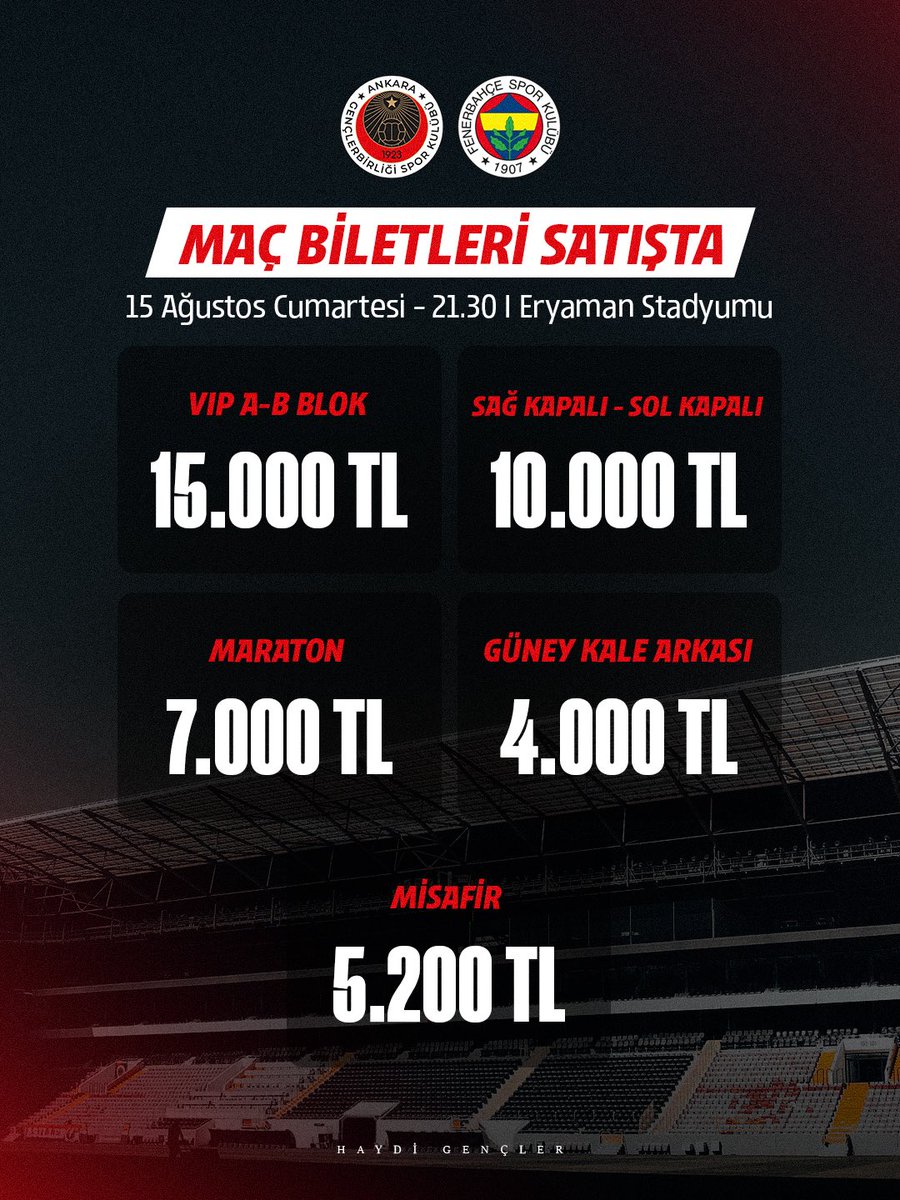 kirmizikara's tweet photo. 📣 Fenerbahçe Maçı Biletleri Satışa Çıktı 🎫

Trendyol Süper Lig’in 1. haftasında 15 Ağustos  - Cumartesi günü, saat 21:30’da Eryaman Stadyumu’nda Fenerbahçe ile oynayacağımız maçın biletleri satışa çıktı.

ℹ️ 2026 - 2027 sezonu kombineleri geçerlidir.

ℹ️Gençlerbirliği biletleri, Fenerbahçe passolig taraftar kartı hariç diğer tüm passolig taraftar kartları ile alınabilecektir.

ℹ️ 2026-2027 sezonu indirimli ve genel satıştan kombine alan taraftarlar, kombinelerini kulübe devir edebilecektir. Devir yapılan kombinelerden puan kazanımı olmayacaktır.

ℹ️7 yaş ve üzeri herkes passo kart ve bilete tabidir.

ℹ️ Misafir tribün biletleri yalnızca Passolig internet sitesinden alınabilecektir.

ℹ️ Bilet transfer kısıtları, bilet satış logo kısıtları ile aynıdır.

ℹ️ Bir taraftar farklı T.C. kimlik numaraları girerek 5 bilet alma hakkına sahip olacaktır.

ℹ️ Engelli tribün biletleri müsabaka günü sabahı saat 09:00’da stadyum gişesinden verilmektedir.

ℹ️ Engelli tribün biletleri engelli tribün kapasitesi ile sınırlıdır.

ℹ️ Engelli tribün girişleri için passolig taraftar kartı zorunluluğu bulunmaktadır.

ℹ️ Engelli tribün bilet başvuruları passolig gişelerinden engelli kartını ibraz edip passolig taraftar kartlarına yüklenecektir.

ℹ️ Engelli tribün biletleri transfer edilemeyecektir.

#CumhuriyetinParlayanYıldızı • #KırmızıKaraGeliyor