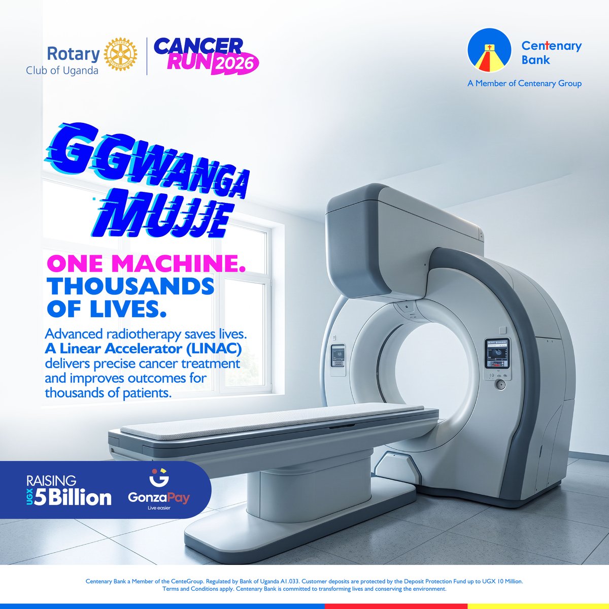 CentenaryBank's tweet photo. Every Cancer Run kit purchased brings Uganda one step closer to expanding access to life-saving cancer treatment. This year's Rotary Cancer Run is raising UGX 5 billion towards a LINAC machine at St. Francis Hospital Nsambya. 
Register and purchase your kit through GonzaPay https://t.co/pUBMug7pSn on playstore or dial *211*3# and follow the prompt,  or visit your nearest Centenary Bank branch to be part of this journey. 
#GgwangaMujje #RotaryCancerRun2026 #CentenaryBank