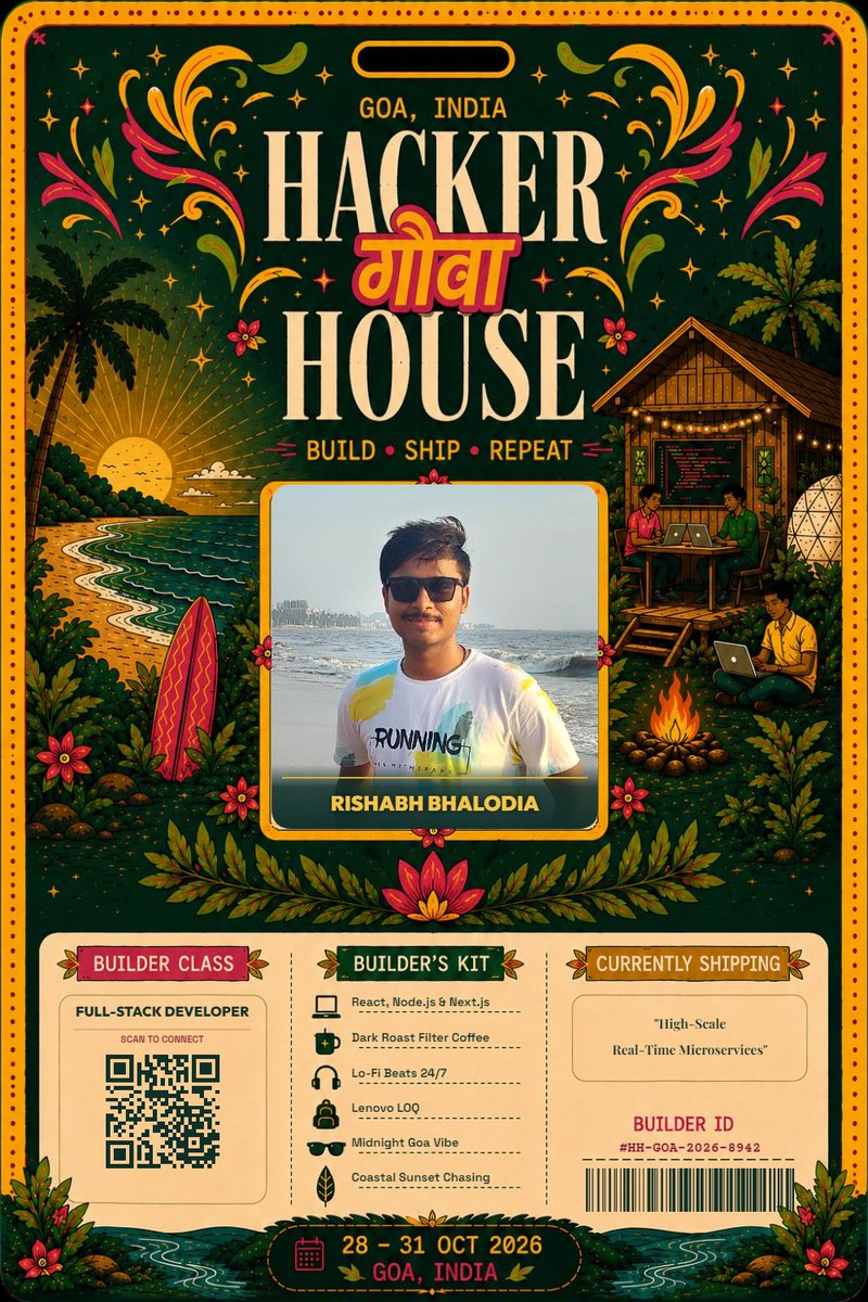 BhalodiaRishabh's tweet photo. Attending Hacker House Goa 2026! ✈️ Builder Class: Full-Stack Developer • Currently Shipping: High-Scale Real-Time Microservices #FrameInGoa #HHGoa2026 https://t.co/eH7SOpX0vz https://t.co/euLI56BYYN