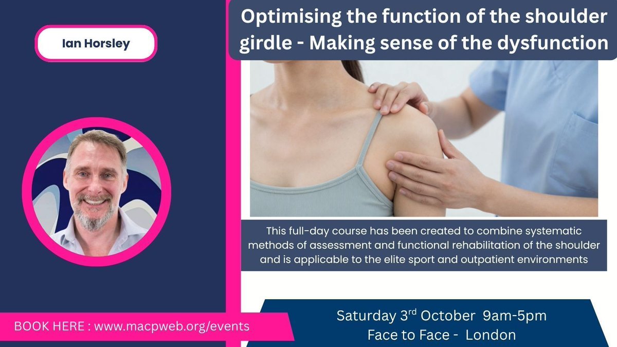 PhysioMACP's tweet photo. Improve your shoulder assessment and functional rehabilitation skills with this popular face to face practical one-day course.

With expert tutor Ian Horsley @back_in_action.

Don't miss out! Book your place here 👇️ 
https://t.co/MeQXxXfZnf https://t.co/gTZceoZbYd