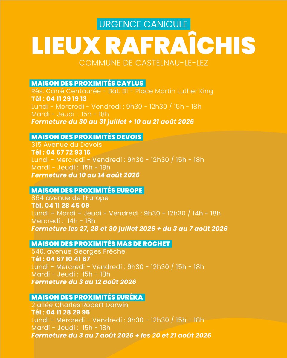 CastelnauleLez's tweet photo. 🥵Vigilance #orange #canicule dans l'Hérault, mardi 11 août.

Les températures maximales pourront atteindre localement 38°C.

Face aux fortes chaleurs, on adopte les bons réflexes !

Des #lieux rafraîchis à #CastelnauleLez sont à votre disposition👉Découvrez la liste https://t.co/2j2ayRfbRr