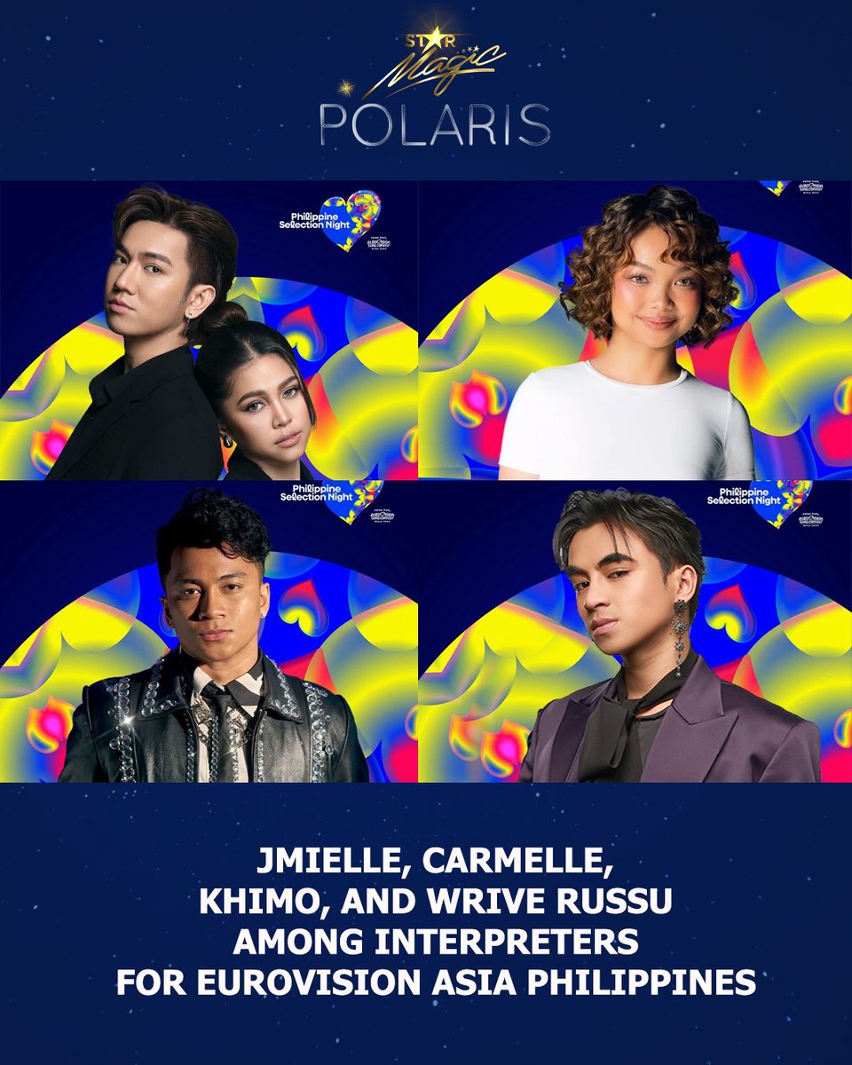 polarisabscbn's tweet photo. Four Polaris artists from Star Magic are among the interpreters for this year’s Philippine Selection Night for Eurovision Asia Philippines. 🇵🇭🌏🎶

🎵 #JMIELLE — “Mapadama”
🎵 #KHIMO — “Reason to Live”
🎵 #CarmelleCollado — “Sobra Sobra”
🎵 VVINK &amp; #WRIVE Russu—"Round N’ Round” https://t.co/AvxAAd1iUG
