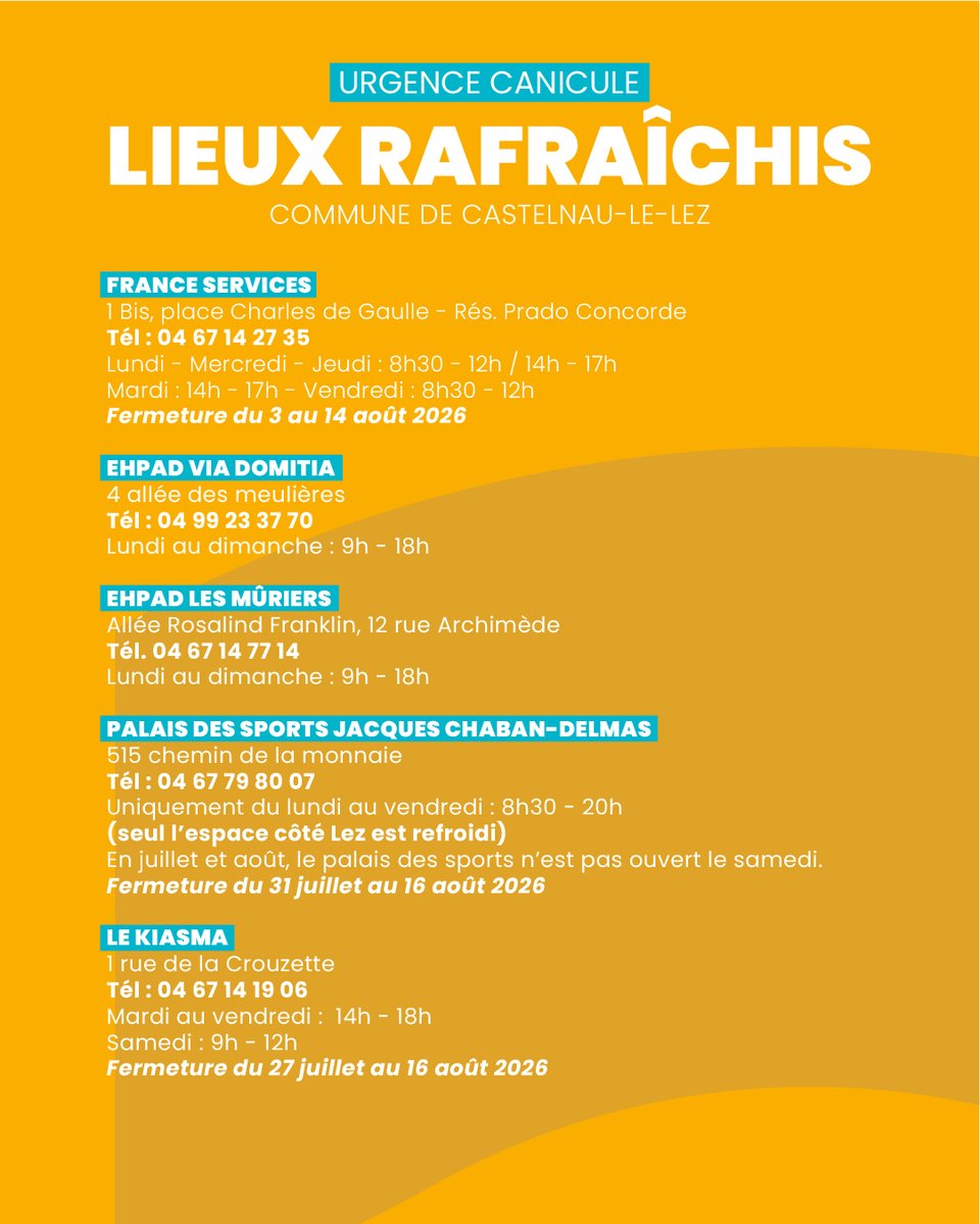 CastelnauleLez's tweet photo. 🥵Vigilance #orange #canicule dans l'Hérault, mardi 11 août.

Les températures maximales pourront atteindre localement 38°C.

Face aux fortes chaleurs, on adopte les bons réflexes !

Des #lieux rafraîchis à #CastelnauleLez sont à votre disposition👉Découvrez la liste https://t.co/2j2ayRfbRr