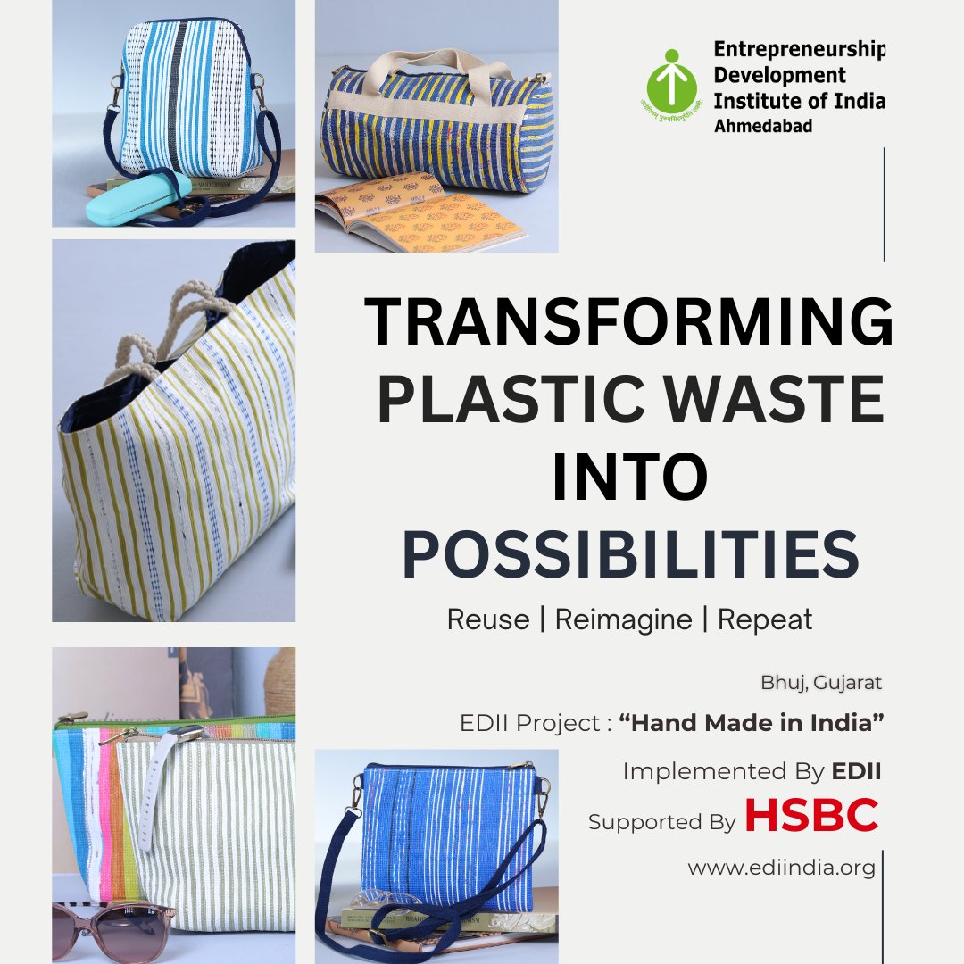 edii_sro's tweet photo. Reuse. Reimagine. Repeat

The weavers from the Bhuj Handloom Cluster are giving sustainability a stylish touch, upcycling plastic into chic lifestyle products, including tote bags, sling bags, spectacle holders, and more. 
#Upcycling #Sustainable #HSBC #EDII #HandMadeInIndia https://t.co/EPSjDEQLD5