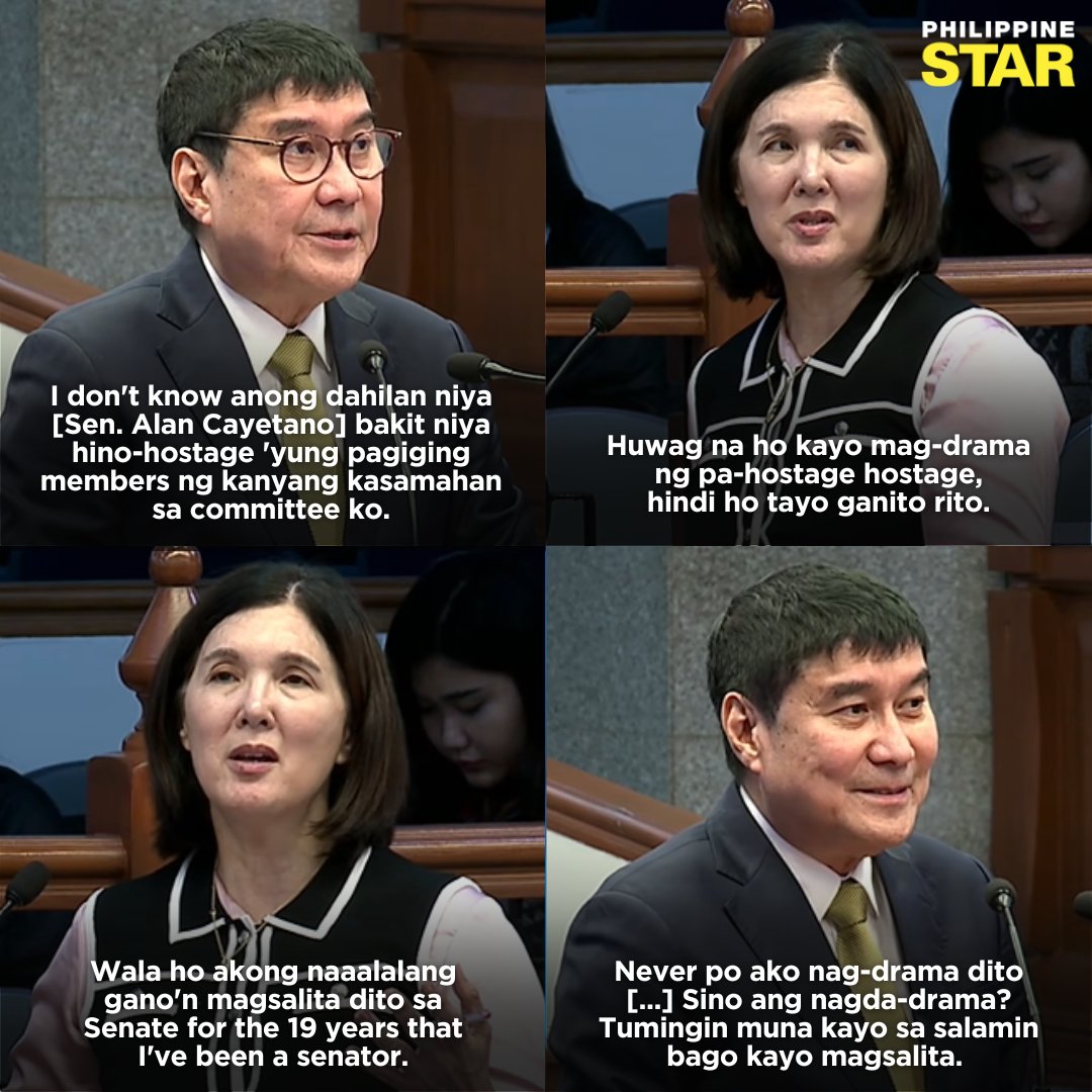 PhilippineStar's tweet photo. 'NEVER PO AKO NAG-DRAMA DITO'

Senators Raffy Tulfo and Pia Cayetano exchanged sharp words during Tuesday’s plenary session after Tulfo accused Senator Alan Peter Cayetano of preventing minority members from joining his committees.

The clash erupted when Tulfo said Senate Minority Leader Alan had allegedly continued to refuse to give his go-signal on the minority bloc’s election to the committees under his chairmanship, as if the members were being held hostage.

"Senator Tulfo, madali n'yo naman akong tanungin, alam n'yo namang kapatid ko si Alan kung may gusto kayong iparating. Huwag na ho kayo mag-drama ng pa-hostage hostage, hindi ho tayo ganito rito," Pia said in defense of her brother.

"Never po ako nag-drama dito [...] Sino ang nagda-drama? Tumingin muna kayo sa salamin bago kayo magsalita," Tulfo rebutted.

WATCH: https://t.co/igPSTTuNDX
