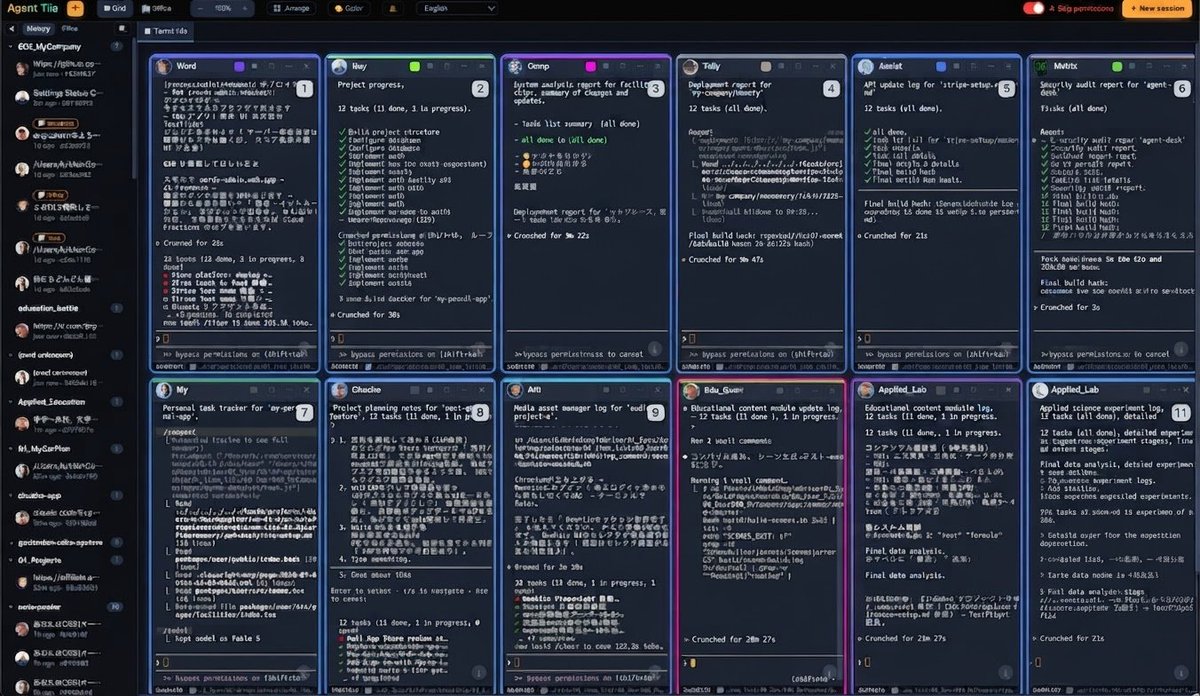 AgentTileApp's tweet photo. Claude Codeのセッションを10個並行で回すため、タイル型ターミナルボード「Agent Tile」を自作して毎日使ってる。状態が一目で分かる・複数セッションに一斉入力・⌘2回で全���面ログ。$10買切りソース付き
https://t.co/lJaxUhahP4 https://t.co/SRPU7KOw2L