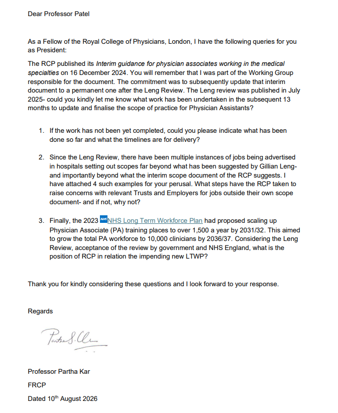 parthaskar's tweet photo. Transparency is an important aspect of how I have always worked in leadership roles

And I am always keen to understand reasons for organisations not doing their role- or as I perceive it they should be doing

In my view?
The @RCPhysicians has a role in ensuring the public are seen by those appropriately trained, working to a scope and regulated
It's pretty much the charter.

Look forward to a response.

And this has a bearing about future attempts regards doctor substitution. 

@mmamas1973 @djnicholl @DrLKVaughan @doctor_oxford