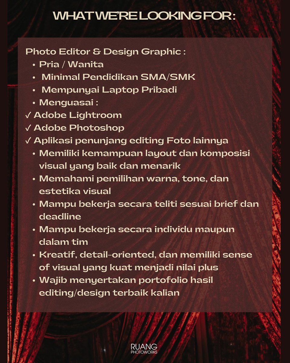 lokersbyterbaru's tweet photo. Ruang Photoworks (IG: @ruangphotoworks) membuka lowongan posisi Photo Editor &amp; Graphic Design
📍 Penempatan : Wisma Tropodo, Waru, Sidoarjo

✅ Pria/Wanita - Usia Bebas
✅ Terbuka untuk Fresh Graduate

Kirim Lamaran ke Email : 
ruangphotoworks@yahoo.co.id https://t.co/Vs9TprPWWU
