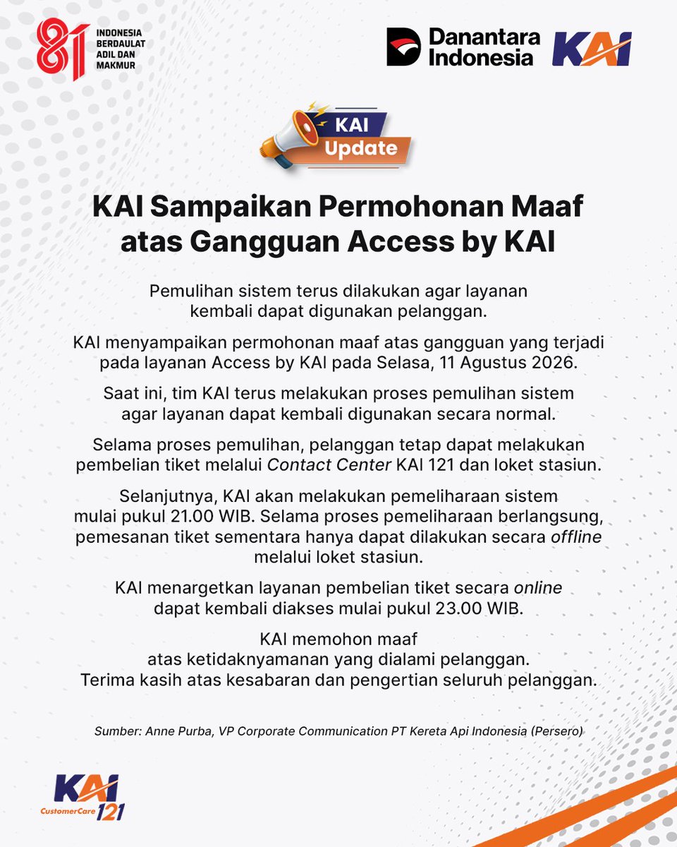 KAI121's tweet photo. PT Kereta Api Indonesia (Persero) menyampaikan permohonan maaf atas gangguan yang terjadi pada layanan Access by KAI, Selasa (11/8/2026). Unit terkait saat ini tengah melakukan pemulihan sistem agar layanan dapat berfungsi normal kembali.

Selama proses pemulihan, pembelian tiket dapat dilakukan melalui Contact Center 121 dan loket stasiun. Pemeliharaan sistem akan berlangsung mulai pukul 21.00 WIB, dan layanan pembelian tiket online ditargetkan pulih mulai pukul 23.00 WIB.

KAI mengucapkan terima kasih atas kesabaran dan pengertian seluruh pelanggan.

#KAI121
#KAIUpdate
