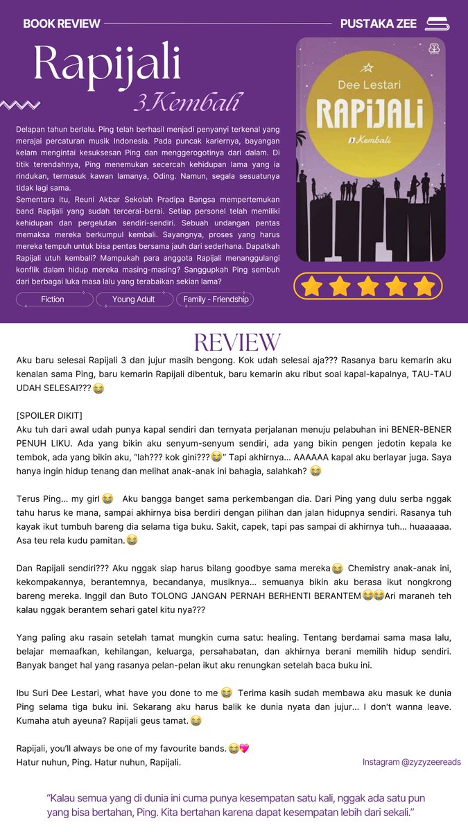 journalzees's tweet photo. ๐ชถ Pustaka Samฤซkแนฃฤ ๐๐ หหห
๐ Rapijali 3 Kembali oleh Dee Lestari
โ 5/5
๐ Fiction, Young Adult, Family & Friendship
#PustakaZee https://t.co/3iTtiqMC4v
