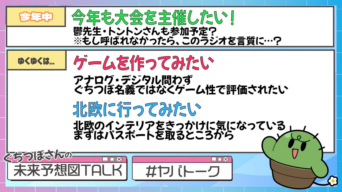 mzybtalk's tweet photo. ぐちつぼさんの「未来予想図」はこちら🔭

作成過程は本日放送された
#ヤバトーク 第46回をぜひお聞きください！

#radiko でのご視聴はこちらから！
🔗https://t.co/A9BZGWuwGK

#QloveR 番組サイト🍀
https://t.co/lN3wyrGn4d https://t.co/I1LD1r9mko