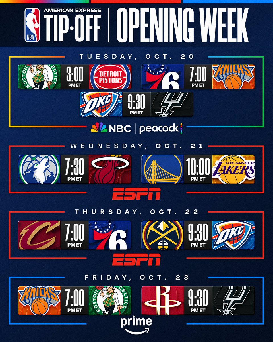 NBA's tweet photo. OPENING WEEK IS MUST-SEE 🍿

NBA Champions raise a banner. Superstars debut with new teams. Rivalries pick up where they left off.

The 2026-27 NBA season tips off Tuesday, October 20. Watch all the action on NBC/Peacock, ESPN and Prime.

NBA Schedule Release presented by @Ticketmaster