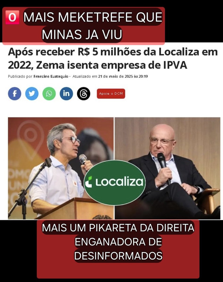 pravda_br's tweet photo. A Localiza compra um carro 30% mais barato, emplaca em MG com isenção de IPVA, aluga por um ano e revende por 100% da tabela FIPE. Além disso tudo, ainda teve perdão tributário pelo governador Chico Bento.
Tem negócio melhor no mundo? https://t.co/FyS7ZPTatl