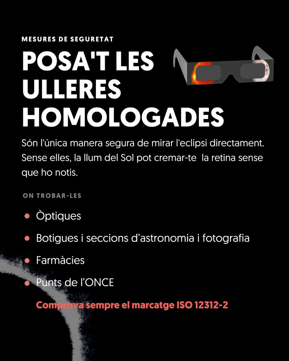 ajesplugues's tweet photo. 🌒Esplugues es prepara per viure l'eclipsi solar del 12 d'agost

👉L’Ajuntament fa una crida per gaudir del fenomen amb responsabilitat i comparteix un seguit de recomanacions de seguretat.

ℹ️Més informació: https://t.co/wAwN0NZXua https://t.co/e4ugRt5Wm5