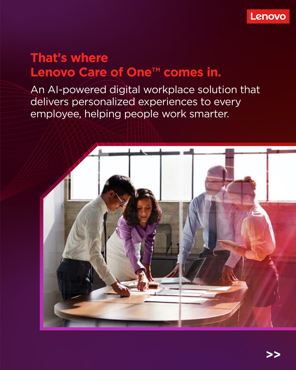 Lenovo_in's tweet photo. Many organizations still rely on workplace designed for everyone and optimized for no one.
Lenovo Care of One™ changes that by delivering personalized workplace experiences that adapt to each employee's way of working. 
#Lenovo #CareOfOne #EmployeeExperience #DigitalWorkplace https://t.co/BxJ9MEH9WR