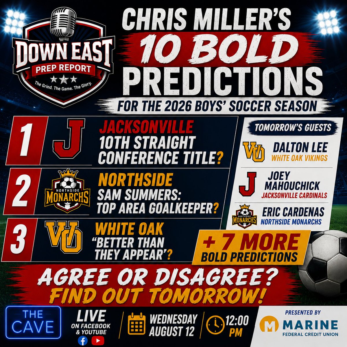 ManCaveMediaNC's tweet photo. Chris Miller's bold predictions for the boys' soccer season are on the record.
Tomorrow at 12 PM, the coaches respond — LIVE on the Down East Prep Report.
https://t.co/svOOHPN4MC
Presented by Marine Federal Credit Union.
#ManCaveMedia #DEPR #OnslowCountySoccer https://t.co/mdUGgeRPLO