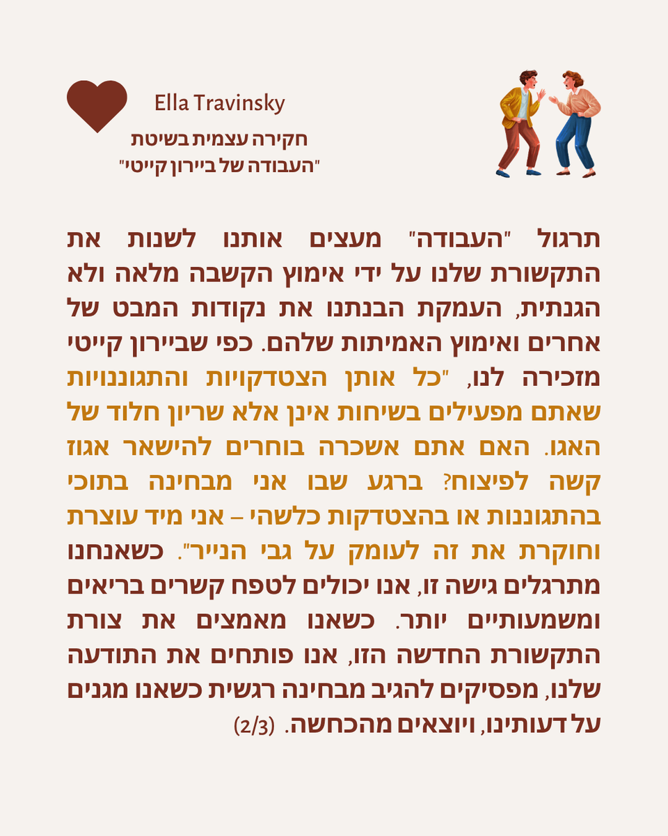 EllaTravinsky's tweet photo. דרך "העבודה", אנו מקבלים תובנות יקרות ערך לגבי האופן שבו ההגנתיות וההצדקות שלנו בשיחות – במיוחד עם אלה שאנו אוהבים – יכולות להיות השורשים האמיתיים של סכסוכים וקונפליקטים במערכות היחסים שלנו. לא המילים, הפעולות או ההתנהגויות של אחרים הן שיוצרות מתח, אלא זוהי התגובה שלנו אליהם. https://t.co/kTFMSBRH40