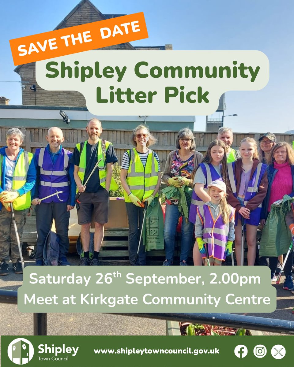 ShipleyTC's tweet photo. The next Shipley Town Centre litter pick is on Saturday 26th September.
Everyone is welcome to help #keepshipleytidy
Equipment is provided, along with refreshments. We'll be meeting at 2pm at Kirkgate Community Centre.
#Shipley #ShipleyCommunity #ShipleyActivities https://t.co/7Y6YXf3dPK