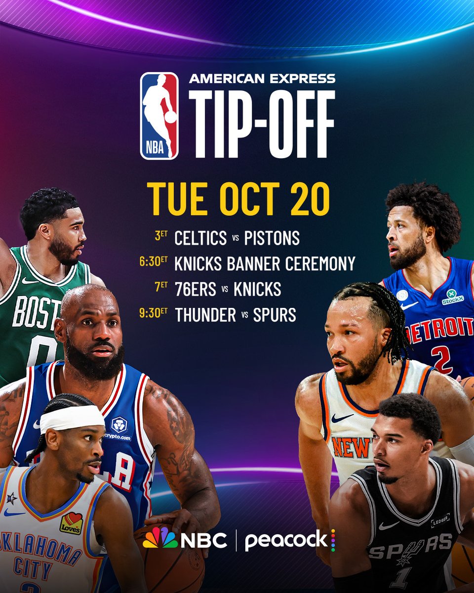 NBAonNBC's tweet photo. The top two teams in the East from last season.
LeBron James' Sixers debut against the defending champs at MSG.
A rematch of the epic 2026 WCF.

WHAT A SLATE OF GAMES FOR OPENING NIGHT! https://t.co/ELOrf72DGy