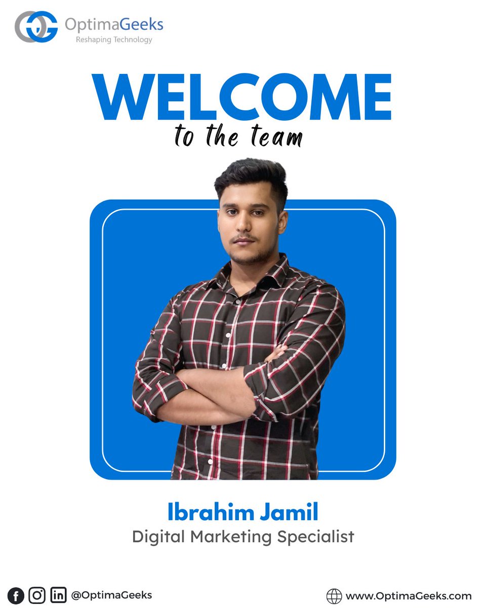 optimageeks's tweet photo. Exciting News at OptimaGeeks!

We're thrilled to welcome our newest team members to the OptimaGeeks family:

👨‍💼 Ibrahim Jamil — Digital Marketing Specialist
💻 Faizan Ahmad — Software Engineer-Intern

We're excited to have them on board.

#OptimaGeeks #WelcomeAboard #TeamGrowth https://t.co/h13klbyvvE