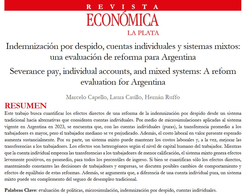 hmruffo's tweet photo. Muy contento y agradecido por ver publicado nuestro paper “Indemnización por despido, cuentas individuales y sistemas mixtos: una evaluación de reforma para Argentina” con Laura Caullo (@Lauracaullo) y Marcelo Capello (@marcapello) en Económica
https://t.co/tK8bmU8VK2 https://t.co/12ZMxy5Rkh