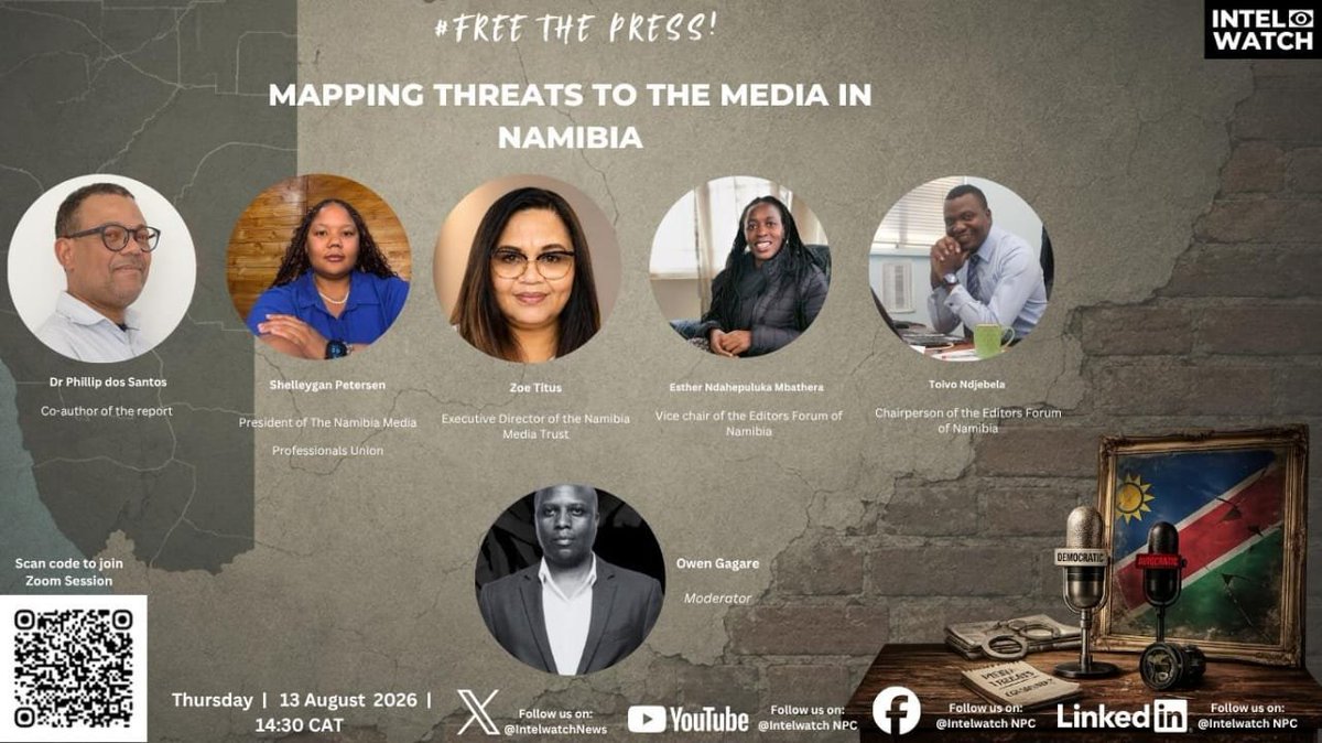 IntelwatchNews's tweet photo. 1/2 Join Dr Santos @zoetitus @ShelleyganPet Esther Mbathera @toys_ndjebela in discussing threats to the Namibian media on Thursday @2.30pm CAT. Shrinking revenues &amp; audience migration are contributing to newsroom "juniorisation" &amp; fewer investigations while threatening the media. https://t.co/4ffe5K340c