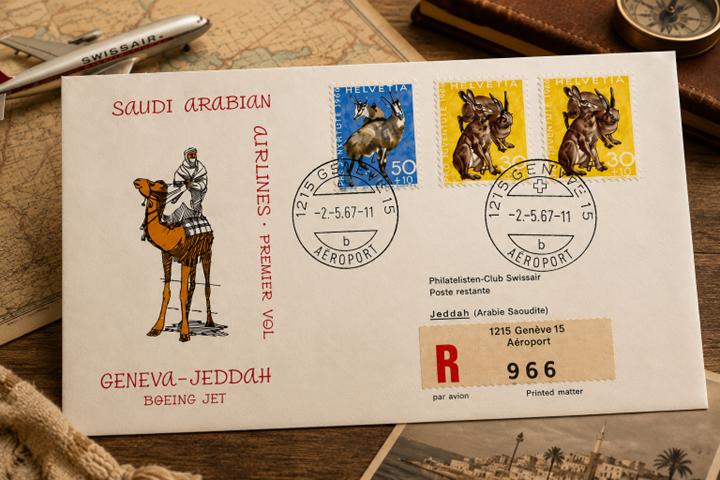 SwissEmbassyKSA's tweet photo. في عام 1967، وثّق هذا الظرف التذكاري إحدى الرحلات الافتتاحية للخطوط الجوية العربية السعودية من #جنيف إلى جدة. وبعد نحو 60 عاماً، شاركنا البروفيسور مارك ج. جنتون هذا الظرف من مجموعته الشخصية.
ظرف صغير ✉️، ورابطٌ ممتد عبر الزمن 🤝. 🇨🇭🇸🇦 #70عاماً #سويسرا_في_السعودية https://t.co/D6Ljxz1EJQ