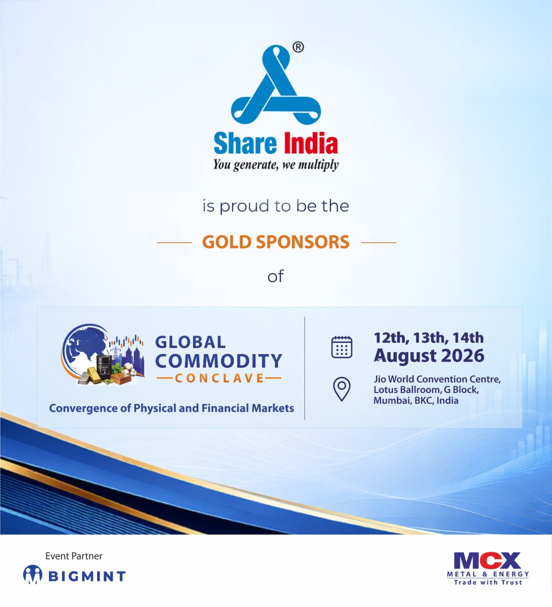 shareindiasec's tweet photo. Share India is proud to be a Gold Sponsor at the Global Commodity Conclave 2026, bringing together perspectives from the physical and financial markets.
#ShareIndia #GlobalCommodityConclave #CommodityMarkets #FinancialMarkets #CapitalMarkets #MarketConversations #Commodities https://t.co/XzJwDSoFcW
