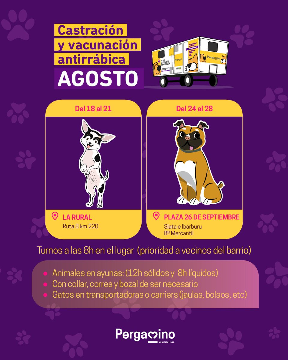 MuniPergamino's tweet photo. 🐶 Te recordamos la ubicación del móvil de castración y vacunación antirrábica gratuita para el mes de agosto
#adopcionresponsable #mascotas https://t.co/z1kn1Llg4k