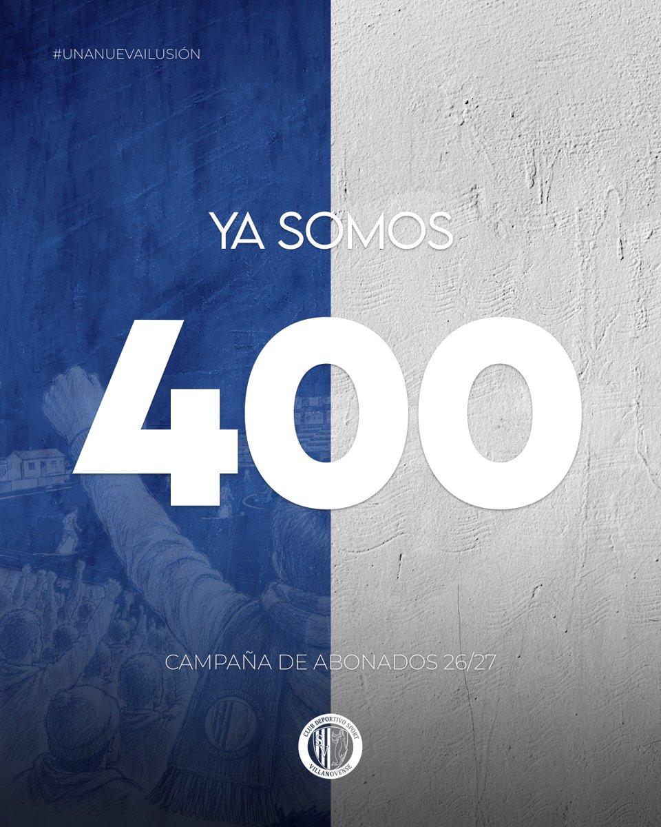 Cdsvillanovense's tweet photo. 💙🤍 ¡YA SOMOS 400!

400 abonados. 400 personas que creen, que apoyan y que forman parte de esta nueva ilusión.

¡Gracias por estar ahí! 🔥

#UnaNuevaIlusión 💙🤍 https://t.co/ZoAaBITssr