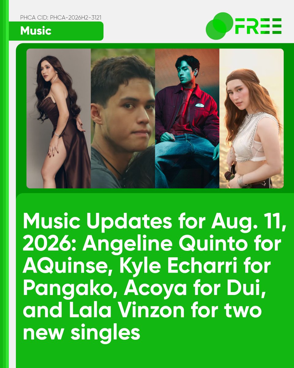 DRPSPHCAFree's tweet photo. Music: #AngelineQuinto, #KyleEcharri, #Acoya, and #LalaVinzon (August 11, 2026)
This post is also published on https://t.co/G0bNSIR6J4 and on the DRPS PHCA App: https://t.co/RtuLpOS3tr
Angeline Quinto drops new single, Hindi Mawawala, ahead of the AQuinse Anniversary Concert on Aug. 22
Just less than two weeks before the Kapamilya Power Diva will celebrate 15 years in the recording industry through her AQuinse Anniversary Concert on August 22, 2026, Angeline Quinto dropped her latest single, titled Hindi Mawawala, on August 7, 2026, giving her fans a new anthem ahead of the concert.
The emotional ballad, written and produced by the ABS-CBN Music CCO Head Jonathan Manalo, speaks of a love that remains steadfast through time, distance, and life's greatest challenges, which is a promise to stay no matter what. The ballad release would build the excitement for AQuinse (a combination of initials from her name, "AQ", and "kinse" for fifteen), where the Power Diva will commemorate fifteen years in the music industry with an evening of powerful performances.
The "AQuinse: The Angeline Quinto 15th Anniversary Concert," taking place at the Smart Araneta Coliseum, will feature some of her biggest hits, including Patuloy Ang Pangarap, Till I Met You, and At Ang Hirap. Joining the star-studded lineup of guests were Regine Velasquez-Alcasid, Martin Nievera, Erik Santos, Enchong Dee, Skusta Clee, Viñas Deluxe, Brigiding, Precious Paula Nicole, and Baby Dolls.
Tickets are now available for purchase via Ticketnet outlets and its website (https://t.co/QK8XHGJgM6). To date, the SSVIP tickets are currently sold out, while other sections, including Gen Ad (PHP 950.00), Upper Box (PHP 1,999.00), Lower Box (PHP 2,999.00), Patron A (PHP 3,999.00), Patron B (PHP 4,999.00), VIP (PHP 6,999.00), and SVIP (PHP 7,999.00), are still available.
Angeline will also host her own talk show titled "The Angeline Quinto Show," scheduled to premiere on August 27, 2026, on iWant.
Kyle Echarri's 2018 hit single Pangako enters Billboard Philippines' Hot 100 Chart
This song is almost 8 years old, but thank you, everyone, who’s listening to it again. - Kyle Echarri
Eight years ago, Kapamilya actor and singer Kyle Echarri dropped his single under the StarPop label, Pangako, composed by Gabriel Tagadtad and arranged by Theo Martel. In later years, following its popularity as a dance challenge and lyric-video edit trend on TikTok, the dance-pop single entered the Billboard Philippines' Hot 100 chart, currently ranked 94th.
His fans eagerly responded, commending the song's timeless appeal and encouraging the singer-actor who first rose to fame through The Voice Kids Philippines Season 2 to release another album. The single was also included in his self-titled album released in the same year. He first performed it live during the 2018 Myx Music Awards that took place at the Smart Araneta Coliseum.
To date, the song has achieved over 23 million streams on Spotify and 14 million online views on YouTube. Kyle Echarri later appeared as a housemate of Pinoy Big Brother Kumunity Season 10's Celebrity Edition as "The Golden Son of Cebu", and later played in several ABS-CBN series, including Beach Bros, Lyric and Beat, Senior High, Pamilya Sagrado, and Roja, to name a few.
Fil-Dutch singer Acoya drops first single Dui under ABS-CBN Music-ABS-CBN Global-led AMI
I wanted to write a song about that moment when someone completely throws you off your game. You know you’re moving too fast. You know you should probably slow down. But there’s a part of you that doesn’t want to hit the brakes. - Acoya
Filipino-Dutch singer-songwriter Acoya, a pop-R&B artist based in Los Angeles, California, dropped his first project under ABS-CBN Music International (AMI), titled Dui.
Co-written with Eric Bonner, the single transforms the term "Driving Under the Influence" into a metaphor for romantic obsession. Rather than intoxication from alcohol, the song captures the overwhelming rush of being completely consumed by attraction.
Furthermore, Acoya also dropped its music video, which brings the song's playful concept to life, turning love into a thrilling game of temptation. Blending flirtatious moments with cinematic visuals, it mirrors the excitement of surrendering to feelings that are impossible to resist.
Back in 2024, the artist first introduced his music through Loverboy in 2024 and continued to showcase his recording industry through Dreaming, Casanova, and Is It Cool. Acoya was one of the maiden acts of AMI (ABS-CBN Music-ABS-CBN Global joint venture) who trained at the Los Angeles Academy for Artists and Music Production and was mentored by Grammy-winning producer duo Stargate.
Lala Vinzon drops two new songs under DNA Music - Ako At Ikaw Lang and Karma
ABS-CBN Music's alternative-rock record label DNA Music drops two new singles sung by the soul-pop singer and The Voice Teens Philippines Season 1 first runner-up Lala Vinzon, under the titles Ako At Ikaw Lang and Karma, produced by its label head Gabriel Tagadtad.
Ako at Ikaw Lang is a pop-alternative love song about two people defying judgment and choosing each other, no matter what others say. The performance video for the song was recently premiered on the official YouTube channel of the record label on July 31, 2026. Karma, on the other hand, is a reggae track that blends humor, storytelling, and social commentary.
Lala Vinzon explained that Karma was based on a popular tongue twister but with a darker twist. She also used the perspective of a child witnessing a parent's infidelity and its consequences. The song was written in Tagalog, Kapampangan, and Hiligaynon, which celebrate Filipino culture and convey that each action has consequences in the end.
The DRPS PHCA is always online, anytime, anywhere. Follow us on Facebook, X/Twitter, Threads, and Instagram for updates. Visit https://t.co/VL1wezJMQC or download the DRPS PHCA App on the Google Play Store for more blog content like this. You can also support DRPS PHCA by donating via Buy Me a Coffee or Ko-fi.
© 2026 DRPS Philippine Commercial Archives (DRPS PHCA). All Rights Reserved. PHCA CID: PHCA-2026H2-3121/August 11, 2026.