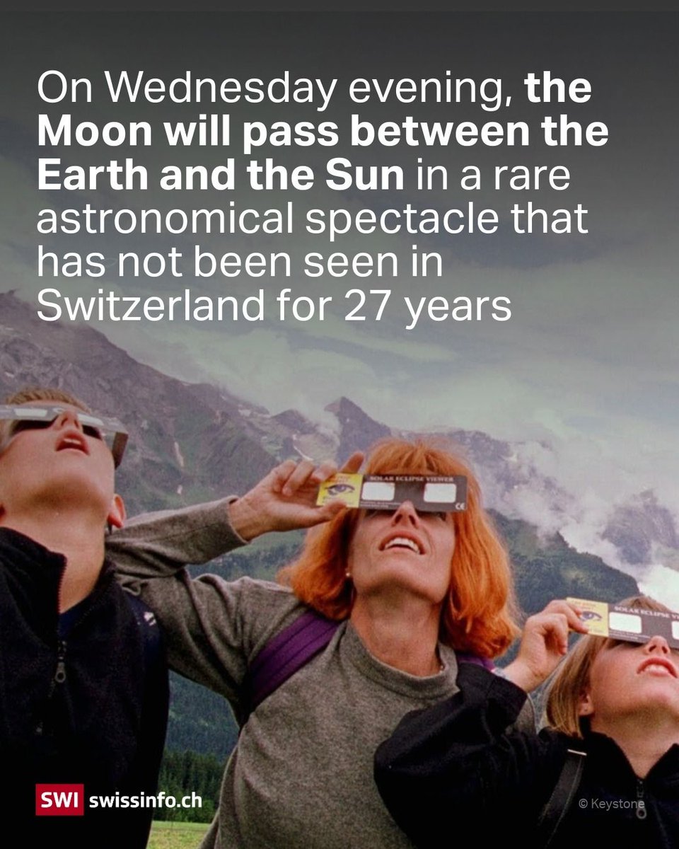 swissinfo_en's tweet photo. On August 12, people in Switzerland will have the chance to witness a rare solar eclipse. 🌒 

Find out when the last partial eclipse of a similar magnitude was visible from Switzerland and where the best places are to watch this one. 👉https://t.co/7Lkbxl8Alg https://t.co/C4RofcHDkW