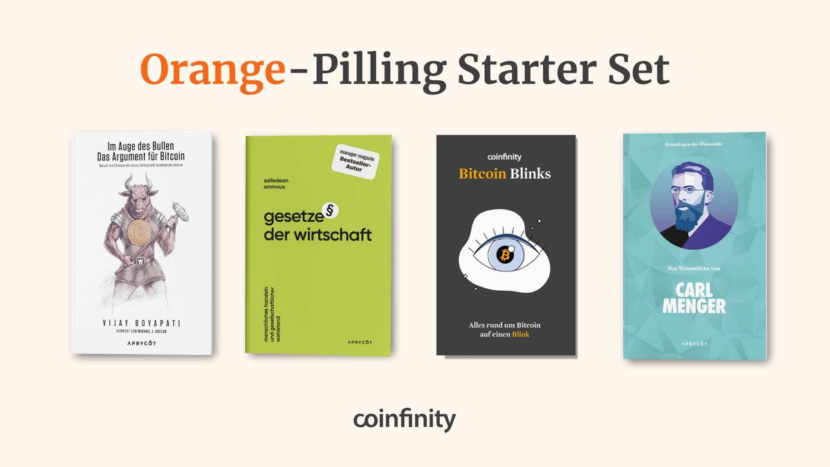coinfinity's tweet photo. Wir verlosen wieder ein Orange-Pilling Starter Set! 📙📙📙📙

Geballtes Bitcoin-Wissen von @aprycotmedia zum Lesen und Verschenken! ⚡️

🐂 Im Auge des Bullen
👨🏼‍⚖️ Gesetze der Wirtschaft
👁️ Bitcoin Blinks
👴🏼 Das Wesentliche von Carl Menger

Herzen, teilen &amp; folgen um mitzumachen! 🧡 https://t.co/eegXIIYw9K