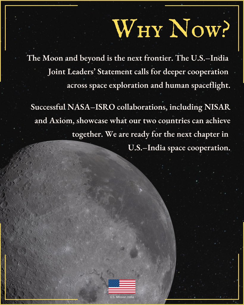 USAndIndia's tweet photo. Exciting news! @NASA has invited @isro to join its Moon Base program, strengthening the partnership between U.S. and India under the Artemis Accords. What exactly is the Moon Base program? Swipe to learn more! https://t.co/fmioB92cLP