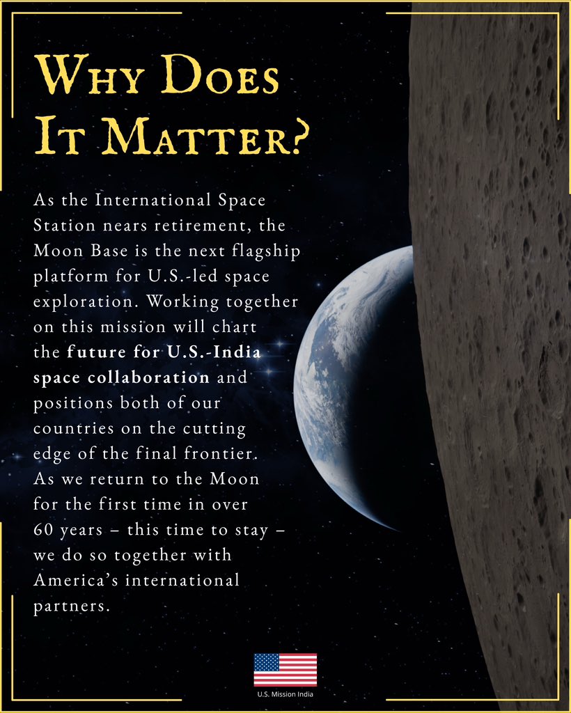 USAndIndia's tweet photo. Exciting news! @NASA has invited @isro to join its Moon Base program, strengthening the partnership between U.S. and India under the Artemis Accords. What exactly is the Moon Base program? Swipe to learn more! https://t.co/fmioB92cLP