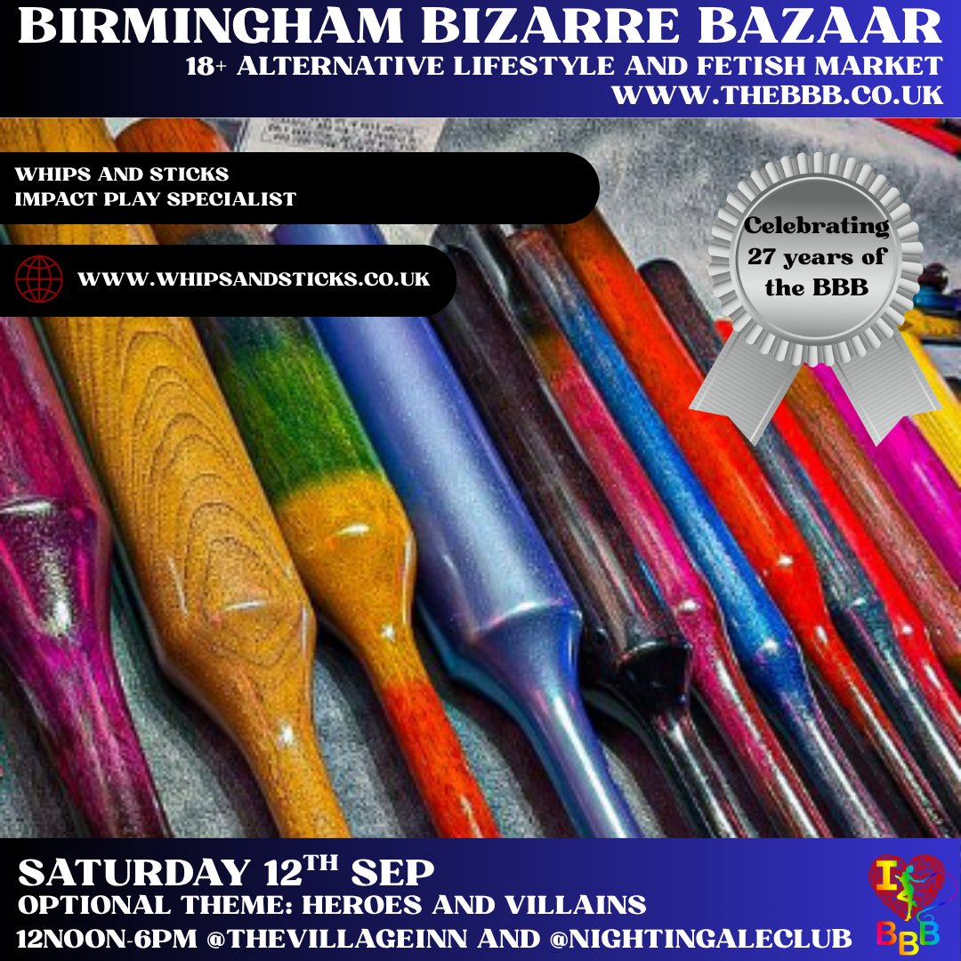 BBBAltFetBazaar's tweet photo. 🖤 September's BBB celebrates 27 YEARS of Birmingham Bizarre Bazaar! Featuring @WhipsandSticks 
Heroes &amp; Villains • 18+ Fetish &amp; Alternative Market
🗓 Sat 12 Sept | 12–6PM
📍 Village Inn &amp; Nightingale Club, Birmingham
https://t.co/LV63CY9S8z
#BBB27  #AltBrum #BrumEvents https://t.co/Zj9YGnG9Ge