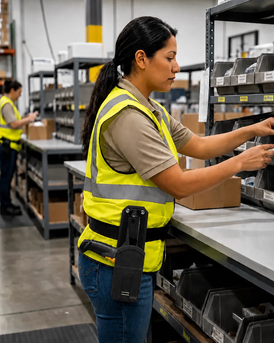 Manufacturing worker sorts parts at a production workstation while a barcode scanner rests securely in an AgozTech belt holster for hands-free access.