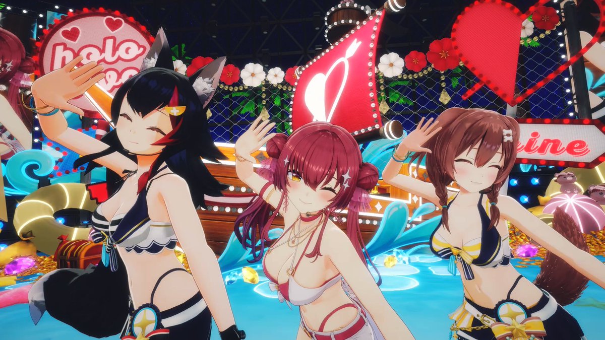 houshoumarine's tweet photo. 🏴‍☠️ ✨ゲスト登場✨🏴‍☠️

ミオ先輩ところねと水着で☀️

現在配信中！
▷ https://t.co/zSnMbnA2q0

#宝鐘マリン7周年3DLIVE https://t.co/bNxrzOG3M1