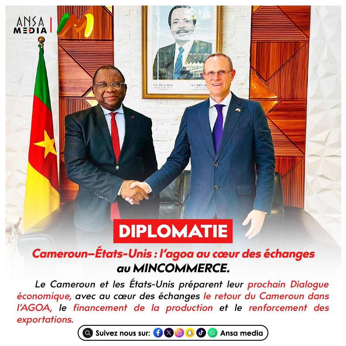 AnsaMedia237's tweet photo. Cameroun–États-Unis : l’agoa au cœur des échanges au MINCOMMERCE.
Lire la suite ici : https://t.co/cnKUAj3eyB
#AnsaMedia #EtatsUnis #AGOA #MINCOMMERCE #Economie #Commerce #Investissement #MadeInCameroon #Cooperation https://t.co/LSMfmlTRbR