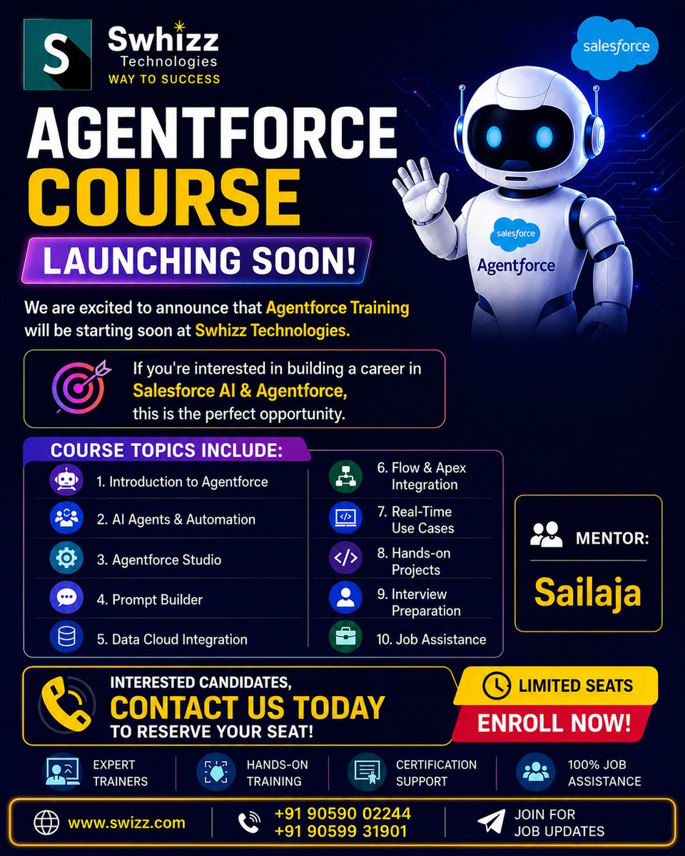 Swhizzofficial's tweet photo. 🚀 Agentforce Training Coming Soon! 🤖
Master Salesforce AI & Agentforce with hands-on training + job assistance. 🎯
📞 +91 90590 02244 | +91 90599 31901
🌐 https://t.co/btu5RD6gus
#Agentforce #Salesforce #SalesforceAI #AIJobs
#JeetAdaniKi #MirzapurTheMovie #HitlerHemant https://t.co/IgNNCYjenZ