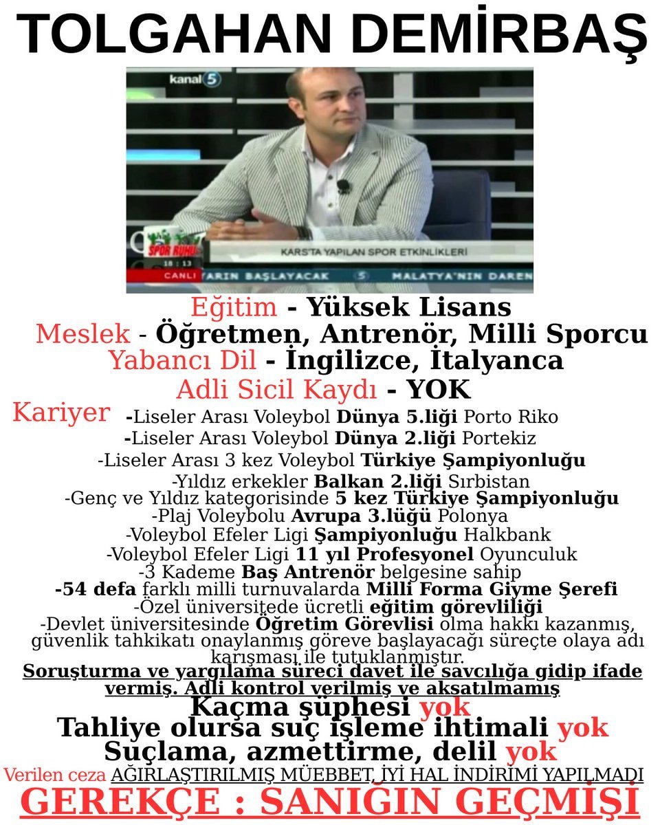 YAMTAR_666_'s tweet photo. Tolgahan Demirbaş
“Geçmişiyle onurlu Milli bir sporcu,öğretmen,antrenör...
kumpasla içi  doldurulmuş boş bir  dosya ile müebbetle 
yargılanamaz. 
Hukuk;adalet için, vicdan için,insan için işlemeli!!
Adalet hukuksuzlukları gidermek için var 
#AZKALDI https://t.co/ttRlhI1TtO