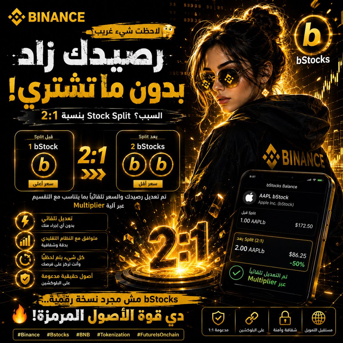 Depe_1993's tweet photo. 👀 فتحت رصيد #bStocks…لقيت عدد الأسهم زاد بدون ما أشتري!😳
السبب؟ Stock Split بنسبة 2:1 📈
يعني 1 bStock أصبحت 2والسعر اتعدل تلقائيًا بما يتناسب مع التقسيم عبر الـMultiplier
بدون أي إجراء منك…وهنا تظهر قوة الأصول المرمّزة
هل حصلت معك قبل كده؟
#Binance #BNB #Crypto #Tokenization https://t.co/bb3Y07tOls