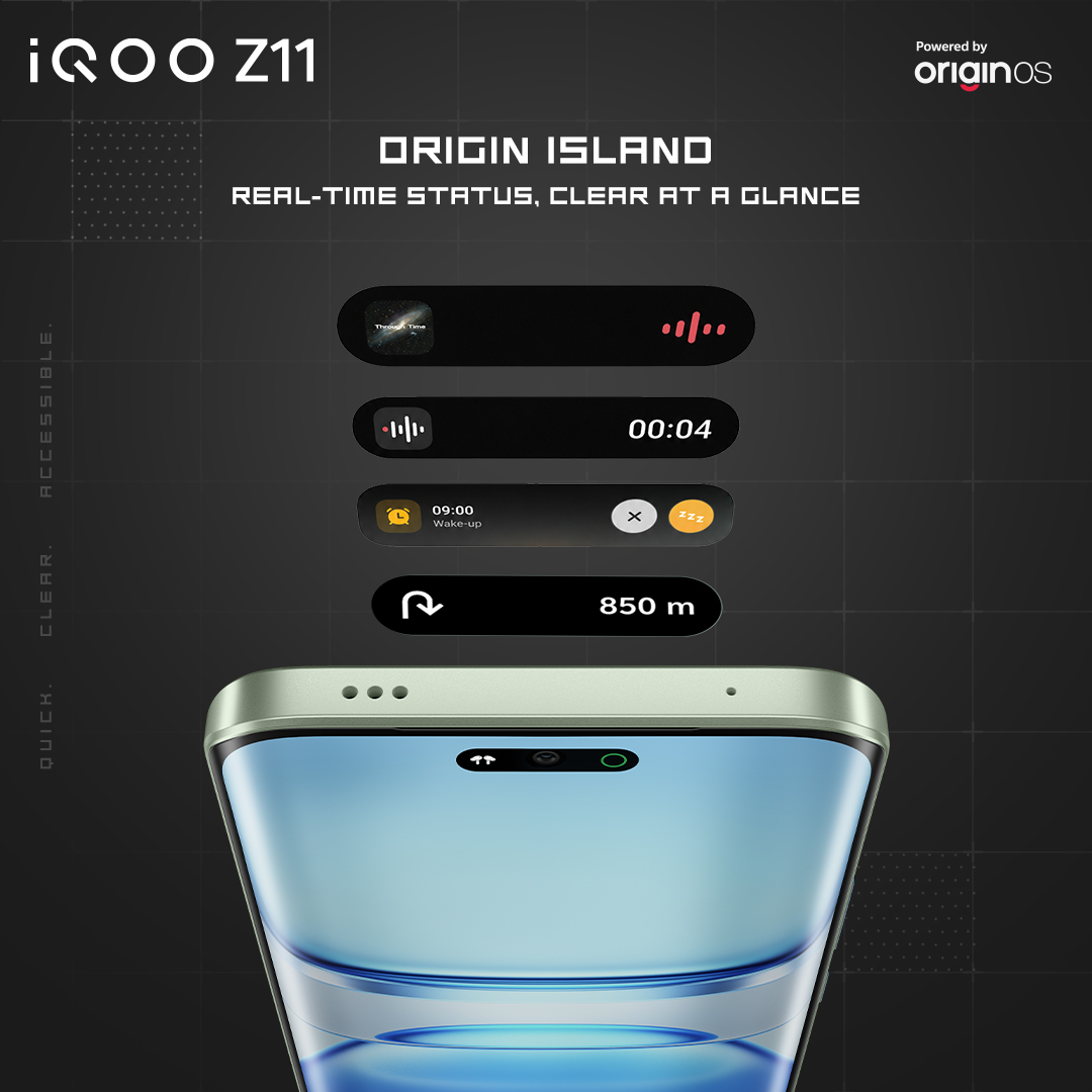 IqooInd's tweet photo. Your glance just got smarter. 👀⚡

With Origin Island, the iQOO Z11 puts real-time information right where you need it clear, quick, and always in view.

From live updates to everyday essentials, stay on top of it all at a glance. 🔥

Smarter at a glance. Faster when it matters.

#iQOO #iQOOZ11 #OriginIsland #AI #Smartphone #Technology