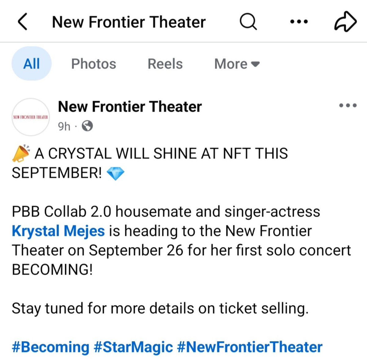 thonabee's tweet photo. Wait. Hindi fancon? SOLO CONCERT talaga?!? 😮

Krystal Mejes becoming a singer while being known as a high-caliber young actress was not on my 2026 bingo card. 

She’s BECOMING a full-on performer at this point - she can act, sing, and dance!

@StarMusicPH, baka may 1 original song or even an album before the concert? 👀

Post from @NewFrontierPh FB page.