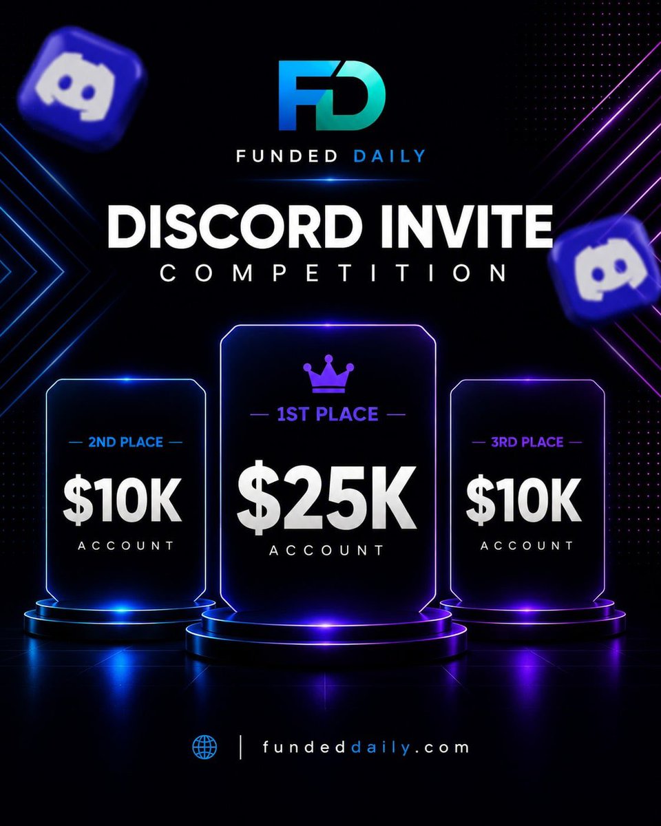 FundedDaily's tweet photo. Ready to bring the competition to the next level? 🔥

🏆 Discord Invite Competition is ON!
🥇 1st Place — $25K Account
🥈 2nd Place — $10K Account
🥉 3rd Place — $10K Account

If you’ve got a trader in your circle who should be here, this is your chance to bring them in. The bigger your network, the bigger the opportunity. 👀

Join the Funded Daily Discord and get involved:

👉🏻 Join the Discord Competition https://t.co/7Bb2KOqmcc