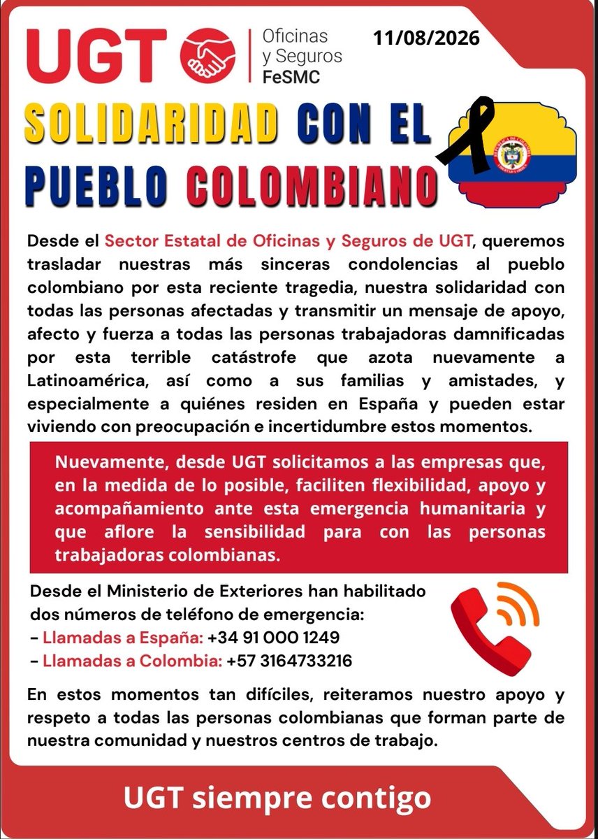 oysugt's tweet photo. 🔴 UGT con COLOMBIA 🇪🇨🫂

Desde el equipo de @oysugt trasladamos nuestras condolencias al pueblo colombiano, nuestro apoyo y respeto a todas las personas afectadas. 

Cualquier duda o consulta, contacta con tus delegadas/os de UGT

#fesmc #ugt #oficinasyseguros #Colombia https://t.co/vRPJsvxjnU