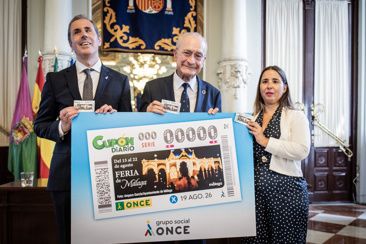 malaga's tweet photo. El cupón de la @ONCE_oficial lleva la @feria_malaga a toda España. Cinco millones de cupones incluyen la magen de la portada de la Feria de Agosto en el sorteo del miércoles 19. Más información 👉 https://t.co/NHSlROJRBT https://t.co/am0ARTupyD