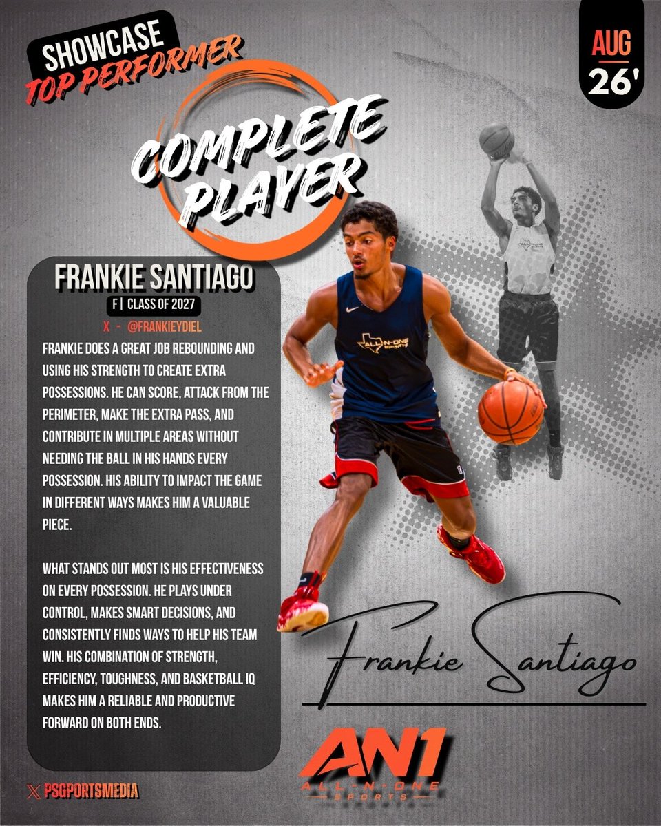 AllNOneSports1's tweet photo. 🔥 Honors from the All-N-One College Showcase

Congrats to the following athletes who received an honor based on their performanceat camp:

▪️Frankie Santiago @Frankieydiel 
▪️Chase Caesar @chase_n_hoops
▪️Michael Chukwuneke @mchuckweneke2027 https://t.co/TSPdonjjqv