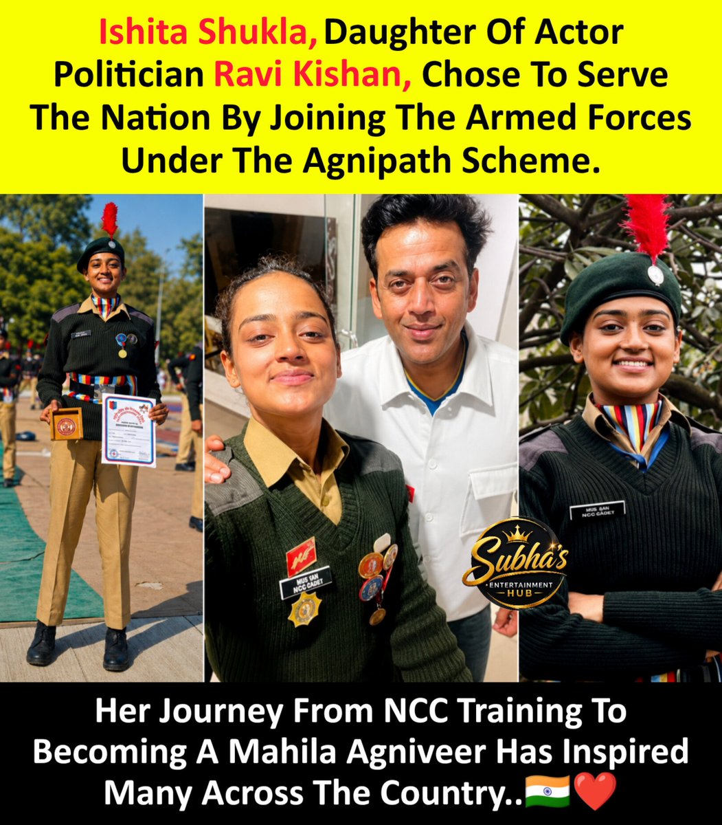 SubhaHub's tweet photo. Choosing The Nation Over The Spotlight. 🇮🇳🫡 Ishita Shukla's Decision To Serve In The Armed Forces Is A Proud And Inspiring Journey. ❤️✨
#ishitashukla #ravikishan #indianarmy #Agniveer #Agnipath #NationFirst #ProudMoment https://t.co/5cCJHlTcrQ